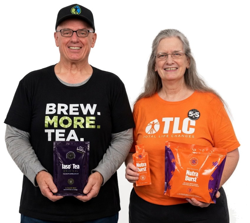 Jeff and Tracy, founders of Our Wellness Journey, holding Iaso Tea and NutraBurst